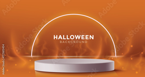 Halloween vector illustration with orange backdrop, glowing arch, and podium stage. Ideal for greeting cards, festive clipart, October holiday banners, autumn season party invites, and spooky designs.