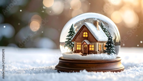 A snow globe with a cozy winter house