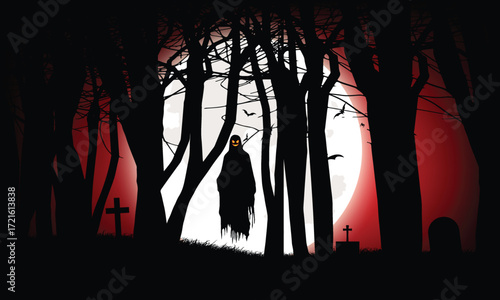 Halloween scene; the ghost come on the haunted forest when full moon 