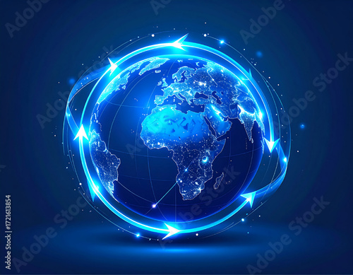 Abstract representation of the Earth, surrounded by glowing, circular arrows, showcasing global connectivity.