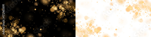 Elegant gold bokeh overlay on contrasting black and white backgrounds, creating a luxurious atmosphere for design projects, enhancing visual storytelling and artistic expression