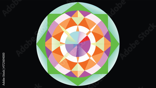 Colorful geometric mandala or crystal shape with radiating facets on a black background abstract