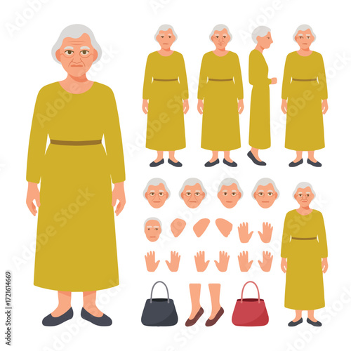 "Elderly Woman Character Creator – Flat Vector Illustration Set"

