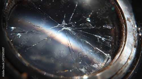 A close-up of a cracked lens with fine fractures, revealing a blurred iridescent background.