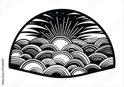 Stylized sunrise over rippling waves traditional japanese art graphic design element