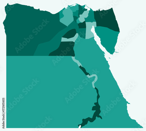 Map of Egypt with regions. Just a simple country border map with region division. Teal color palette. Flat Arab Republic of Egypt shape with administrative division. Vector illustration.