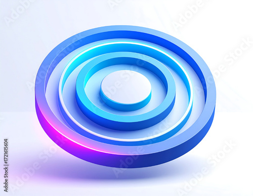 Abstract 3D graphic design, concentric circles, vibrant blue and purple.