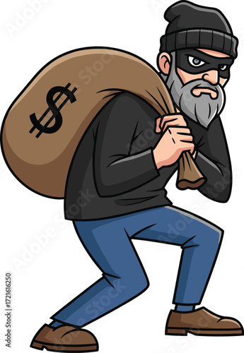 Cartoon thief with money bag, wearing mask and beanie, sneaking away, criminal character, vector illustration for crime or humor themes