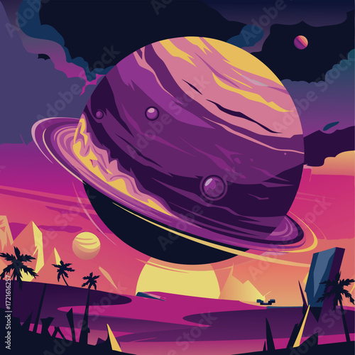 Planet landscape with ringed gas giant and palm trees
