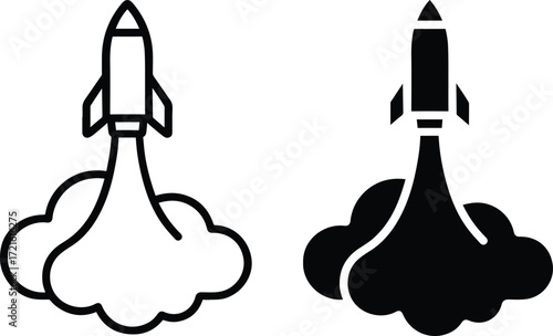 Rocket launch cloud icon, startup innovation symbol, space technology concept