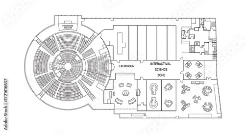 Floor plan of a circular exhibition hall with seating areas and rooms