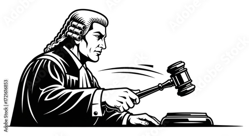 Powerful judge striking gavel with authority in courtroom, ideal for legal, justice, and law themes, showcasing legal process and courtroom drama