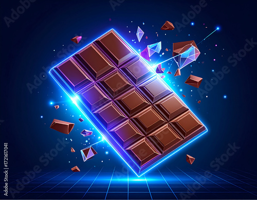 A glowing chocolate bar surrounded by shattered pieces and digital effects against a blue background.
