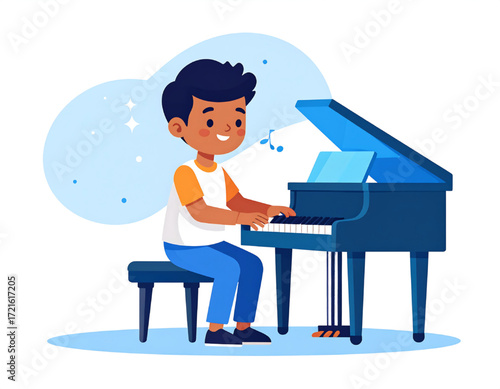 A cheerful young boy is playing a grand piano, enjoying the music with a smile.