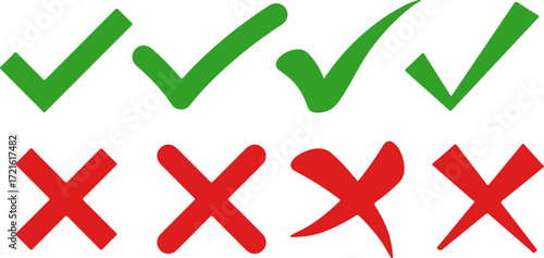 "Check and X Mark Icon Set – 8 Approval and Disapproval Symbols for UI Feedback, Evaluation, and Instructional Design"