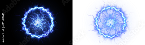 Electric energy circle illustration with vibrant blue lightning bolts on contrasting black and white backgrounds, showcasing dynamic movement and visual impact for creative projects