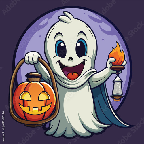Friendly ghost character holding pumpkin lantern and flame candle for halloween celebration vector
