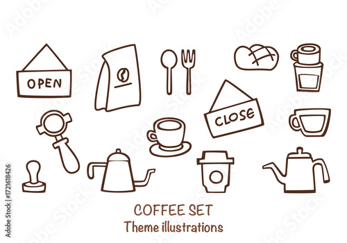 Hand-drawn coffee set illustration includes an espresso machine, Moka pot, coffee beans, cups, and barista equipment. Vector illustrations are perfect for a coffee shop design, menu, or branding.