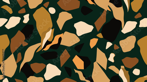 Dark Green Terrazzo Pattern with Rich Brown and Beige Abstract Shapes background texture