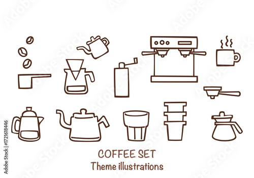 Hand-drawn coffee set illustration includes an espresso machine, Moka pot, coffee beans, cups, and barista equipment. Vector illustrations are perfect for a coffee shop design, menu, or branding.