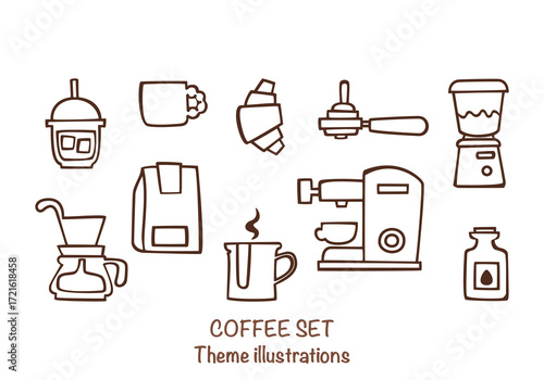 Hand-drawn coffee set illustration includes an espresso machine, Moka pot, coffee beans, cups, and barista equipment. Vector illustrations are perfect for a coffee shop design, menu, or branding.