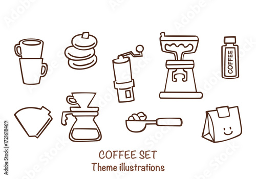 Hand-drawn coffee set illustration includes an espresso machine, Moka pot, coffee beans, cups, and barista equipment. Vector illustrations are perfect for a coffee shop design, menu, or branding.