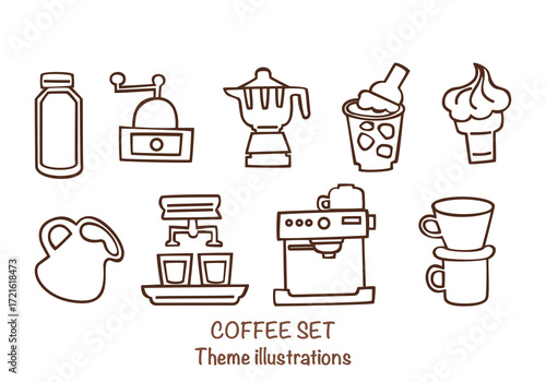 Hand-drawn coffee set illustration includes an espresso machine, Moka pot, coffee beans, cups, and barista equipment. Vector illustrations are perfect for a coffee shop design, menu, or branding.