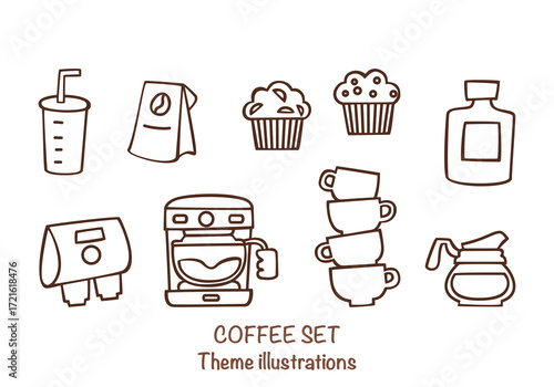 Hand-drawn coffee set illustration includes an espresso machine, Moka pot, coffee beans, cups, and barista equipment. Vector illustrations are perfect for a coffee shop design, menu, or branding.
