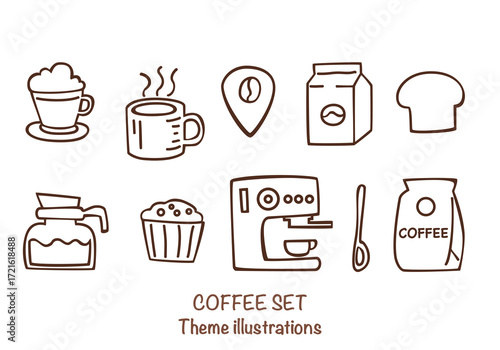 Hand-drawn coffee set illustration includes an espresso machine, Moka pot, coffee beans, cups, and barista equipment. Vector illustrations are perfect for a coffee shop design, menu, or branding.