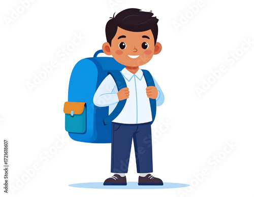 Happy schoolboy ready for class, carrying a blue backpack.