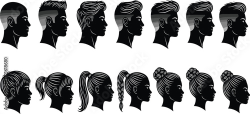 Black and white silhouette profiles of twelve diverse male and female hairstyles, showcasing modern hair fashion, beauty trends, and stylist inspiration