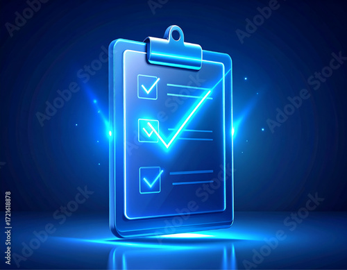 Glowing blue clipboard with checkmarks indicating completed tasks, set against a dark backdrop.