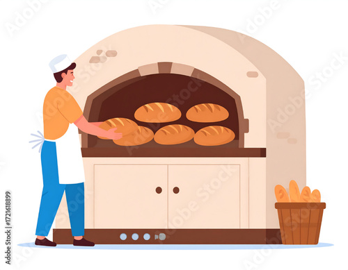 A baker places loaves of bread into a stone oven; a basket of bread sits nearby.