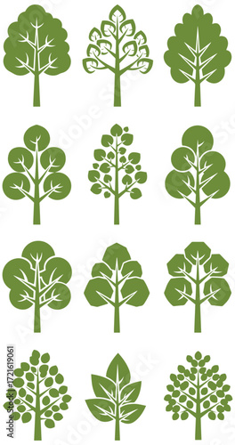 Whimsical olive green tree icons collection for nature-inspired designs or woodland themes