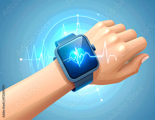 A person's wrist displays a smartwatch with a glowing heartbeat graphic, showcasing health monitoring.