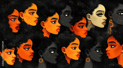 Glamorous woman with red lips and black hair as a gothic vampire girl, with a creative abstract illustration of a halloween pumpkin in the background