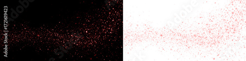 Red glitter particles scatter across contrasting black and white backgrounds, creating a vibrant overlay effect for creative design projects and artistic expressions