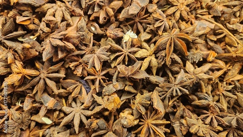 Star anise (Illicium verum) pods are densely clustered, showcasing their distinct star shape with eight points. The pods are dried, brown, and have a woody texture. Each pod contains seeds encased wit