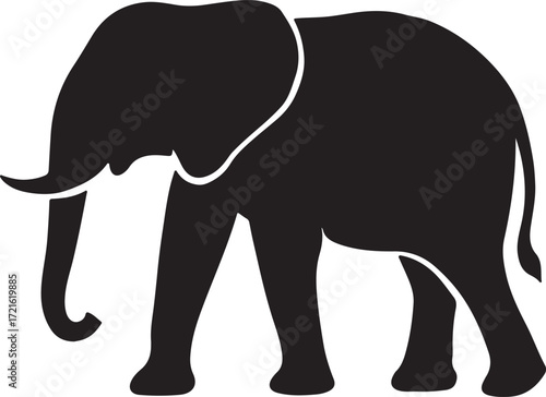 Silhouette of a large african elephant standing with its trunk down against a white background