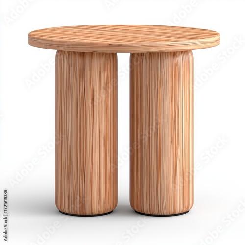 Light Brown Round Wooden Coffee Table with Two Cylindrical Legs