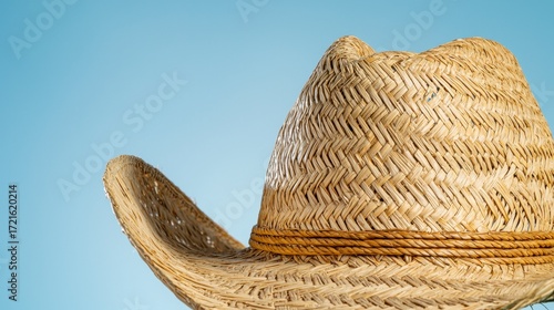 Light Brown Straw Cowboy Hat Against Pale Blue Background