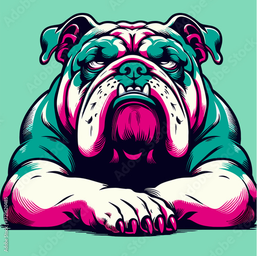 Bulldog with powerful body in vibrant teal and pink pop art vector style