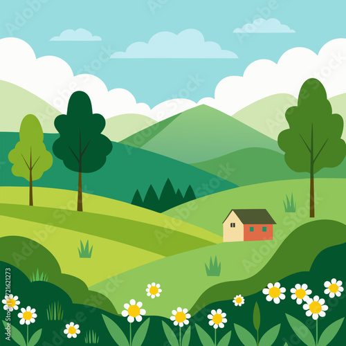 Rural countryside with rolling green hills trees and farmhouse vector landscape background.
