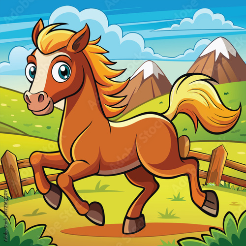 Adorable cartoon horse galloping joyfully through a sunny green field with mountains background vector