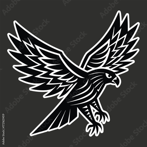 Tribal inspired falcon in flight with outstretched wings bird