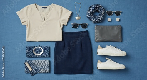 Flat lay of woman's fashion outfit, featuring a cream top, navy skirt, white sneakers, accessories like sunglasses, scarf, and bags.