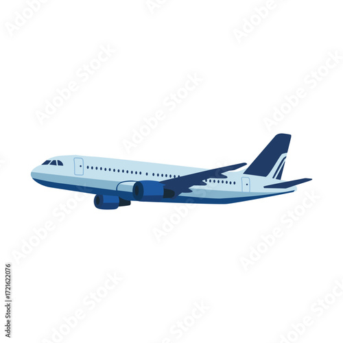 A passenger plane in flight, isolated on a white background.