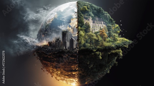 Environmental Divide: Lush Nature vs. Polluted Urban Destruction