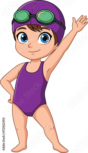 Cute cartoon girl in purple swimsuit and swim cap, wearing green goggles, waving hand, ready for swimming, vector illustration for kids