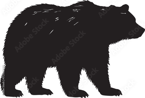 A stark black silhouette of a large brown bear standing profile against a white background